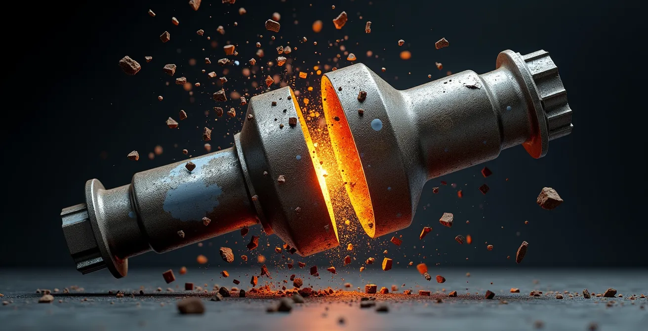 Schéma visualisant la collision catastrophique entre piston et soupape lors d'une rupture à haut régime, montrant les forces de déformation