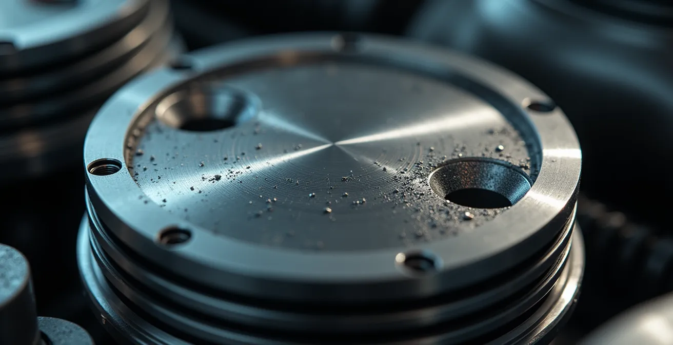 Vue interne d'une chambre de combustion capturée par endoscope vidéo montrant les pistons, soupapes et traces d'usure