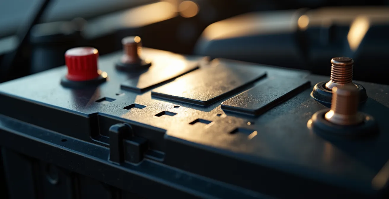 Vue macro d'une batterie automobile neuve dans un compartiment moteur propre
