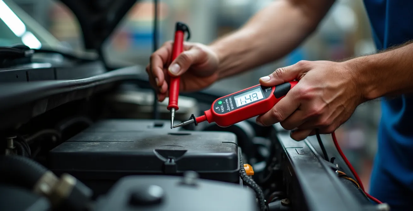 Mains d'un mécanicien testant une batterie automobile avec un multimètre professionnel