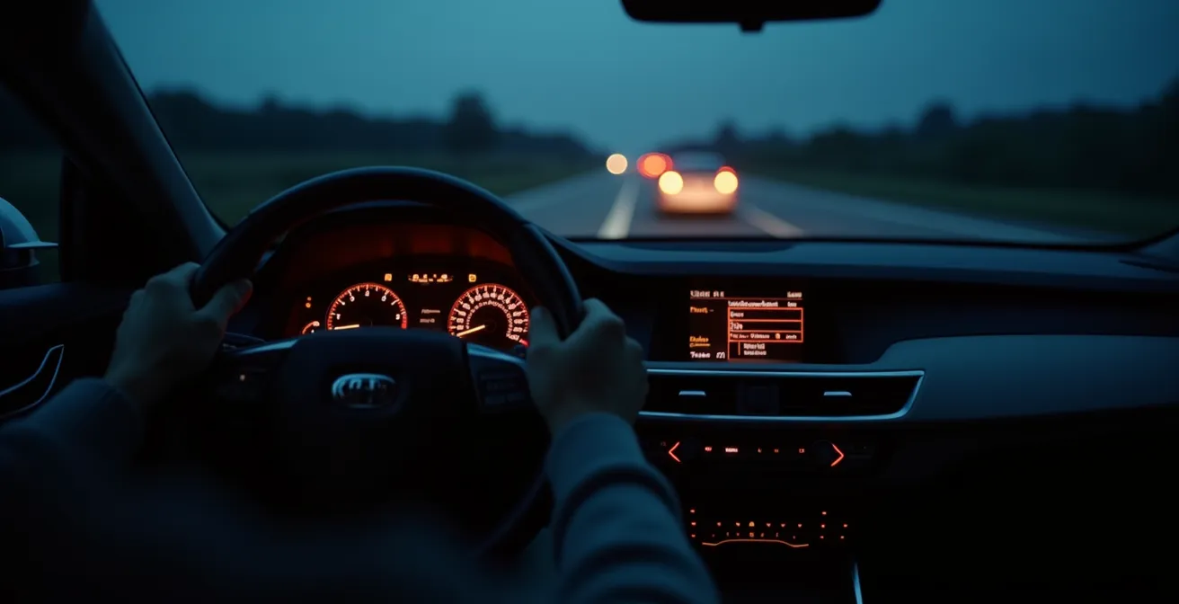 Vue du conducteur sur un tableau de bord automobile avec éclairage faible au crépuscule