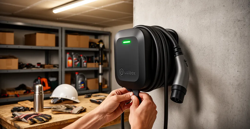 Borne de recharge Wallbox fixée sur mur de garage avec câble enroulé