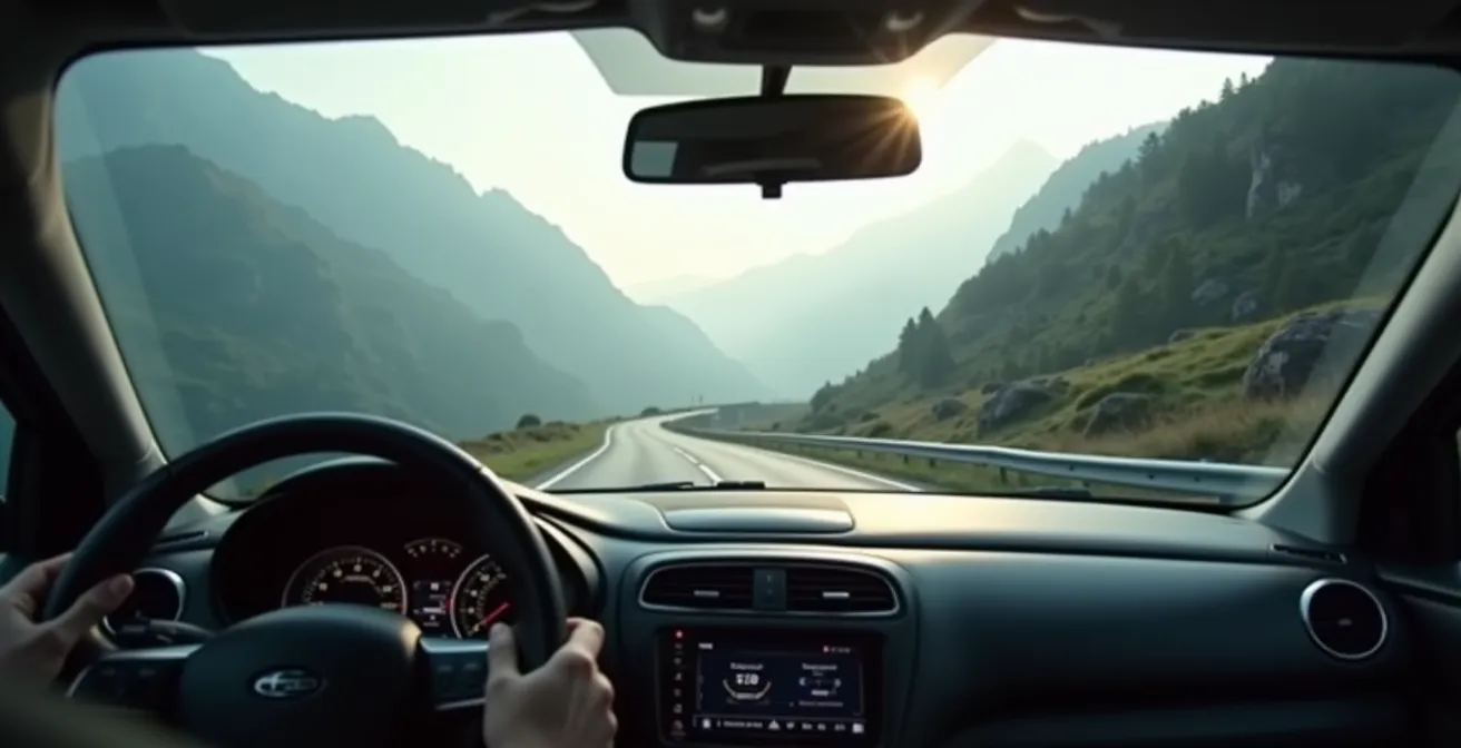 Vue depuis l'habitacle d'une voiture en descente de montagne montrant la route sinueuse