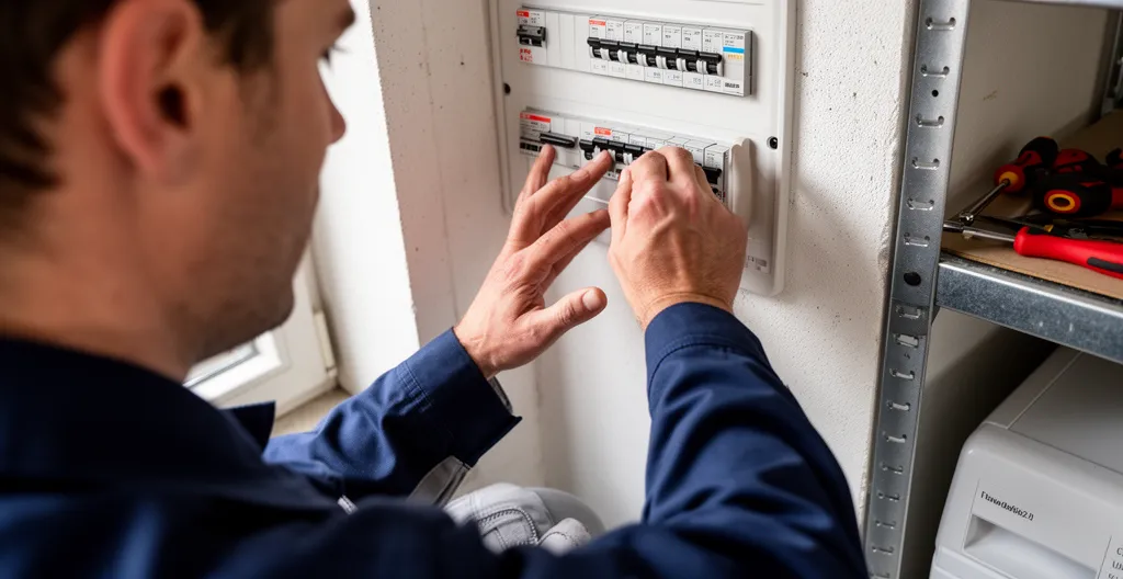 Technicien vérifiant un tableau électrique résidentiel