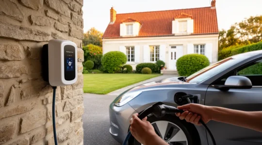 Voiture électrique compacte branchée à une borne murale dans un garage résidentiel