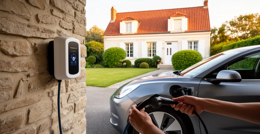 Voiture électrique compacte branchée à une borne murale dans un garage résidentiel