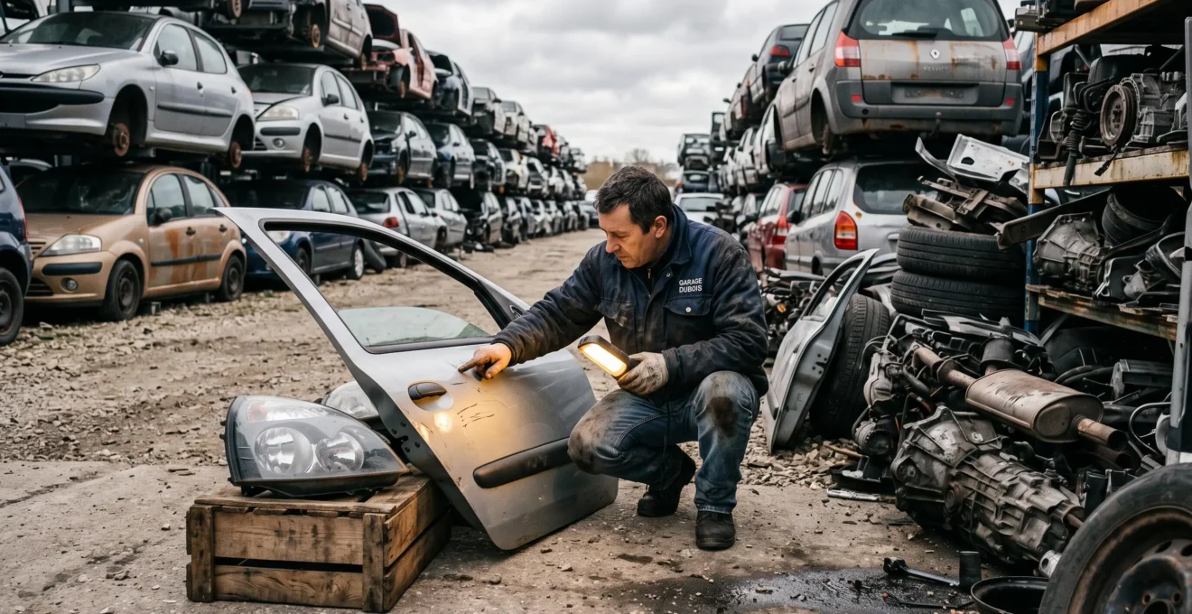 Un mécanicien inspecte des pièces de carrosserie d'occasion dans une casse automobile.